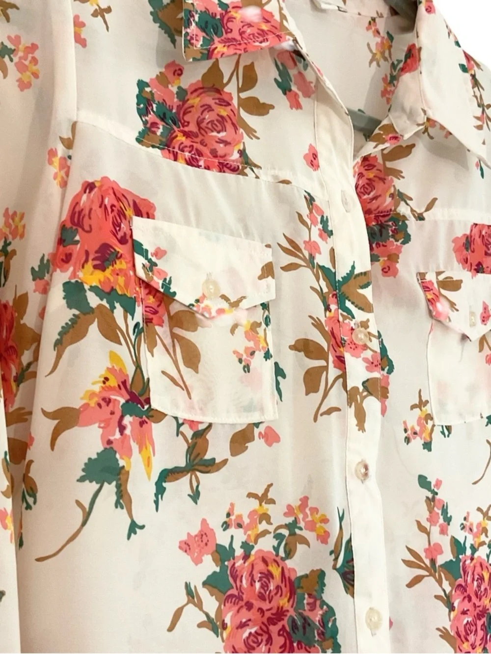 love FIRE Floral Button-Up Top - Pink w/Teal & Yellow Accents Size M